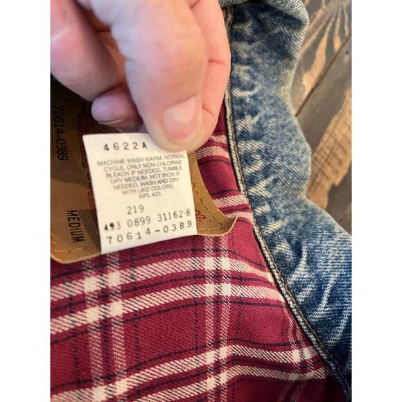 VTG Levi’s Plaid Lined Blue Jean Trucker Jacket Men Medium Grunge Neutral Flaw - Picture 3 of 16